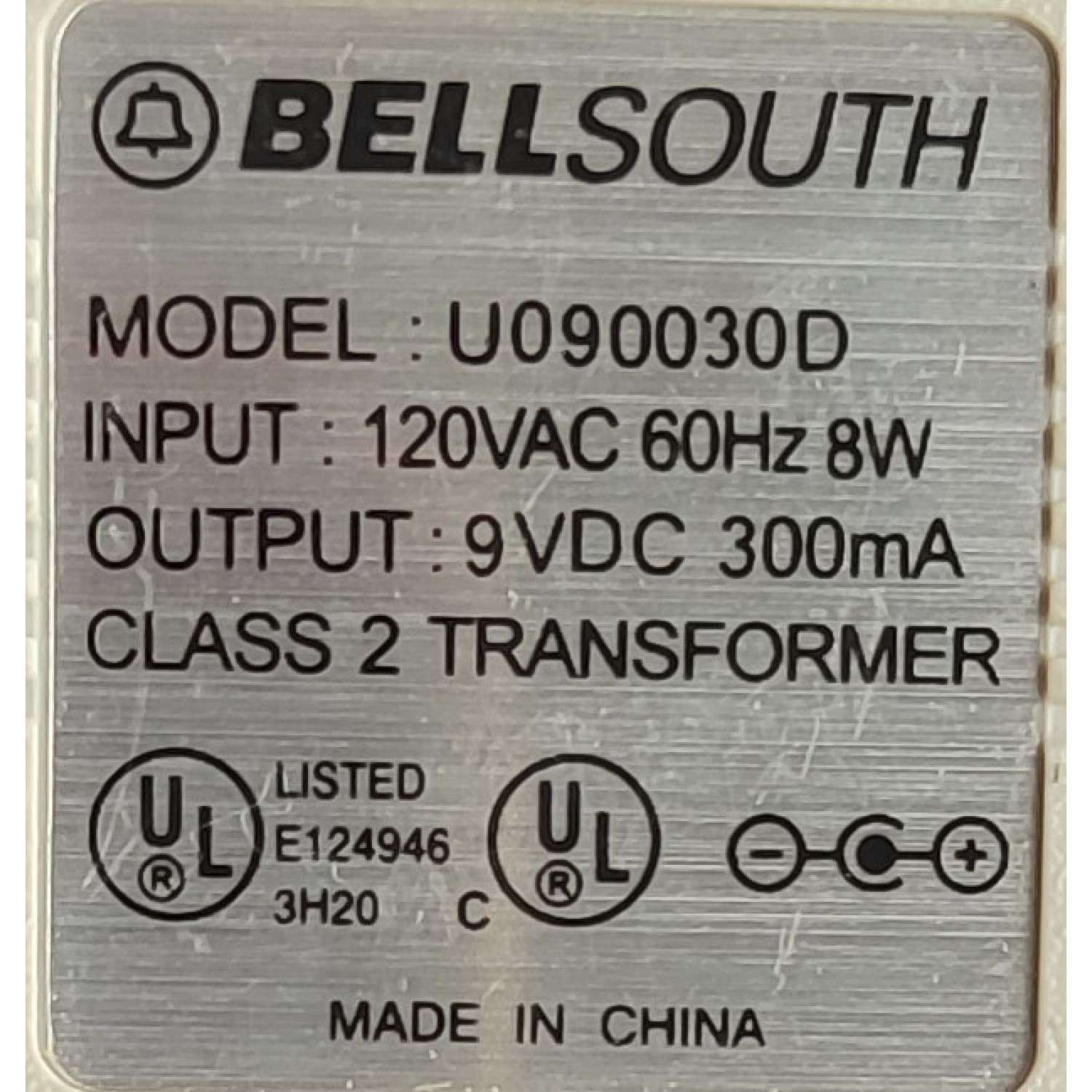 ADAPTADOR AC/DC BELLSOUTH / NUMERO DE PARTE U090030D / INPUT: 120V AC 60Hz 8W / OTPUT: 9V DC 300mA	 - Imagen 2